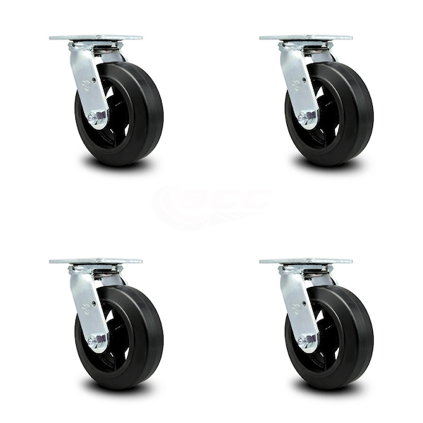 6 Inch Rubber on Steel Wheel Swivel Caster Set with Ball Bearings